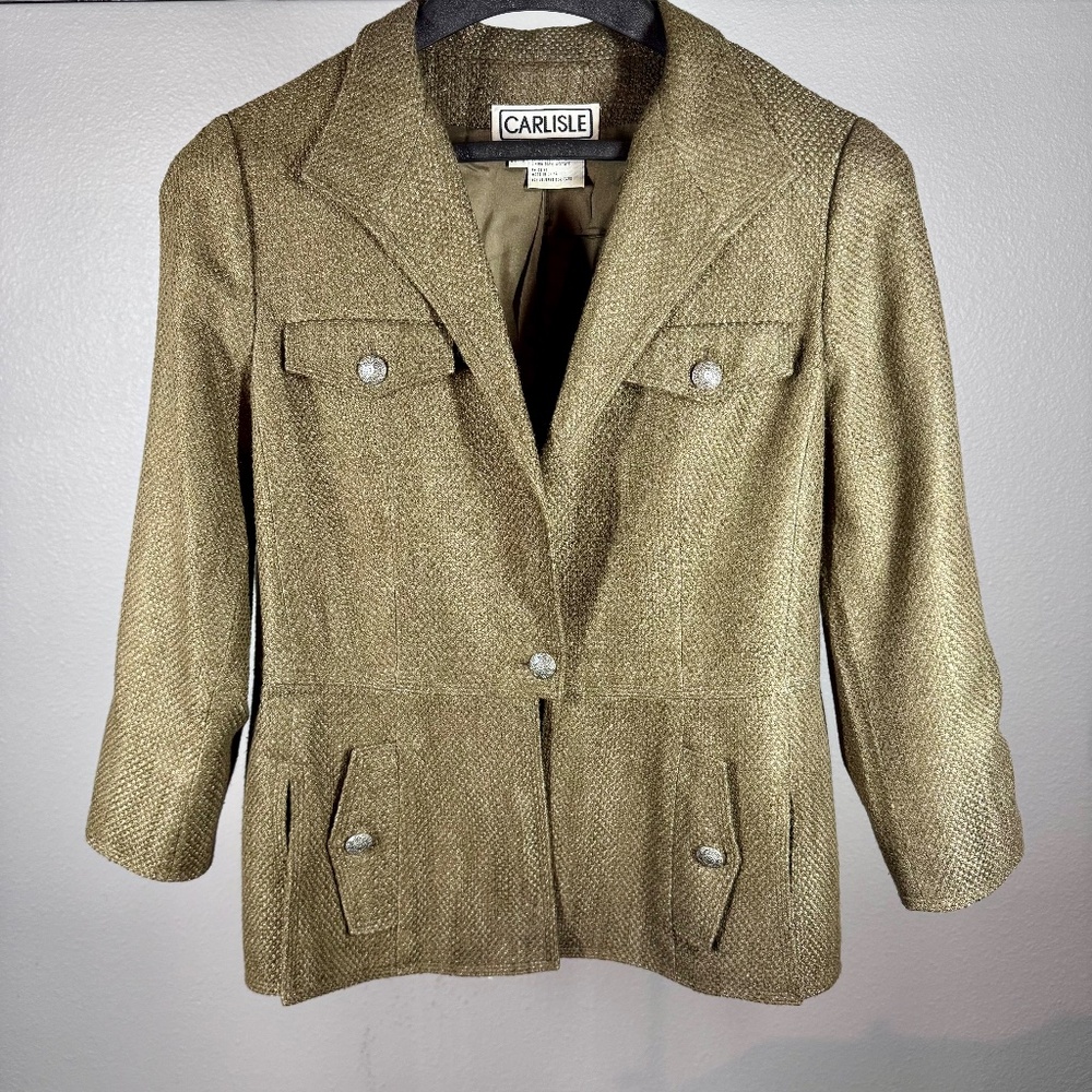 VTG Carlisle Olive Textured Blazer‎ w/Four Patch Pockets & Silver-Tone Buttons